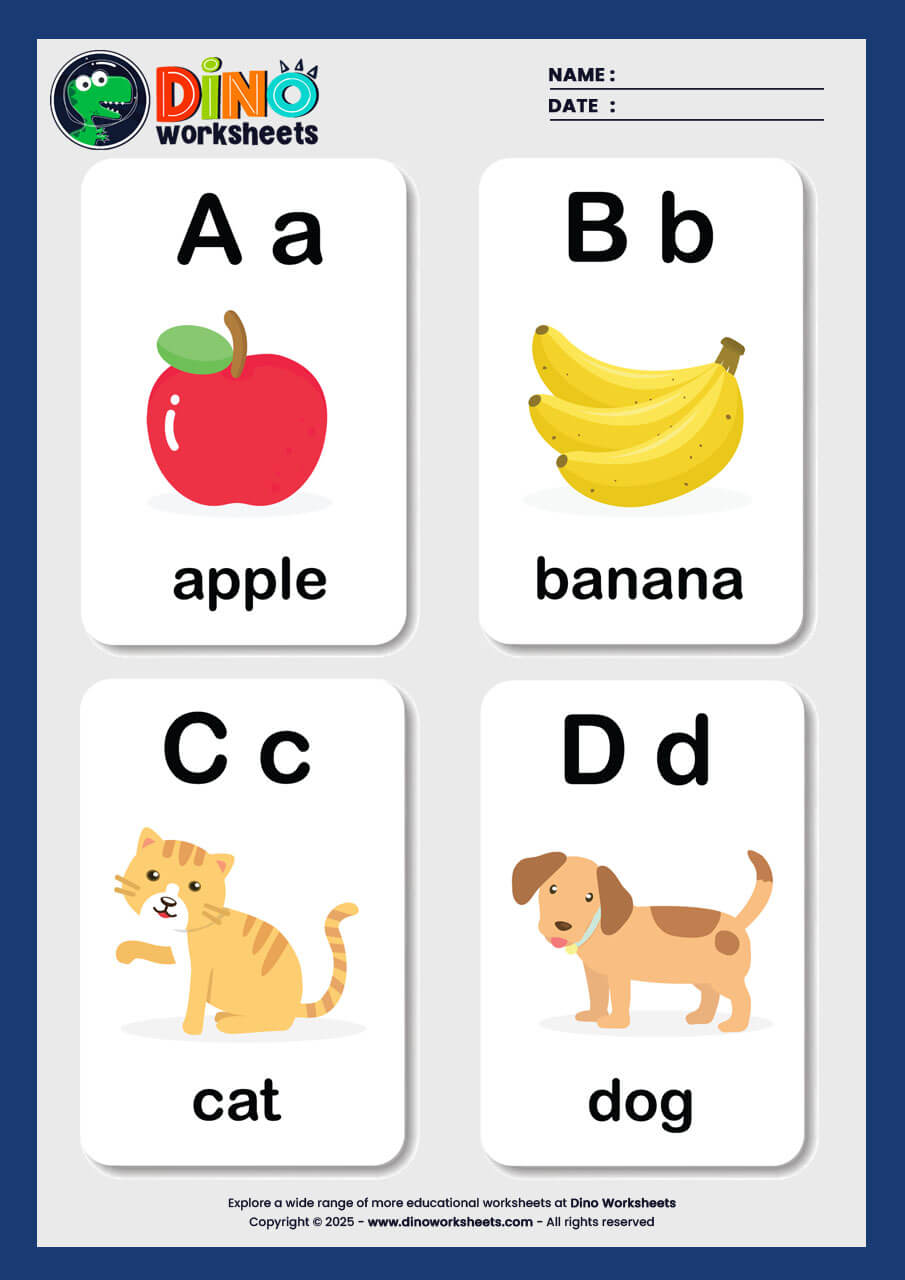 A to Z Alphabets Flashcards for Kids- Dino Worksheets