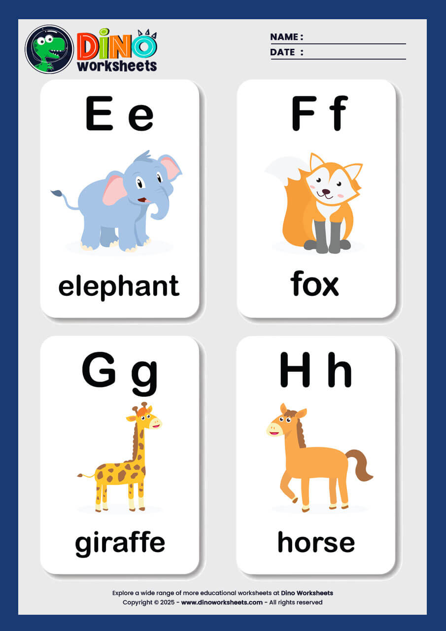 A to Z Alphabets Flashcards for Kids- Dino Worksheets