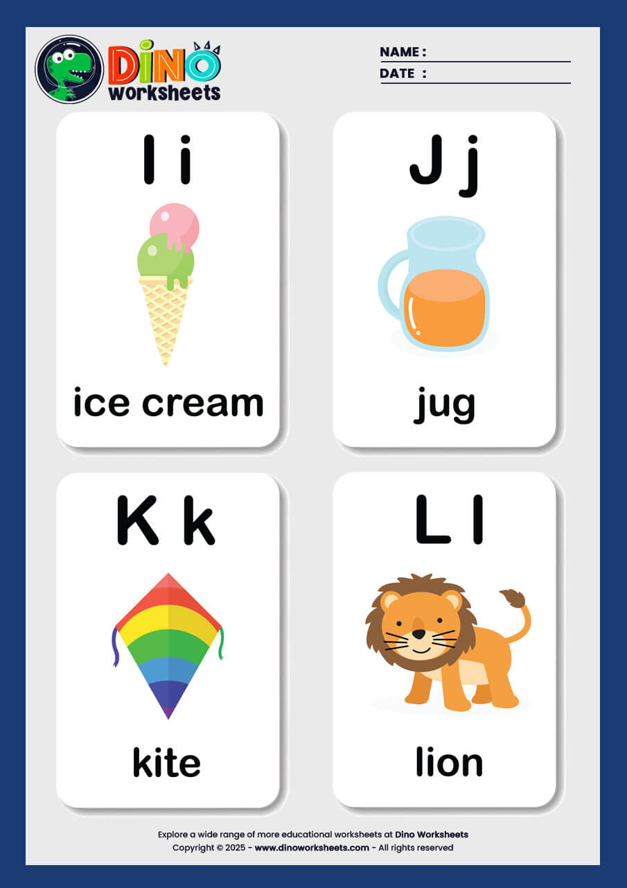 A to Z Alphabets Flashcards for Kids- Dino Worksheets