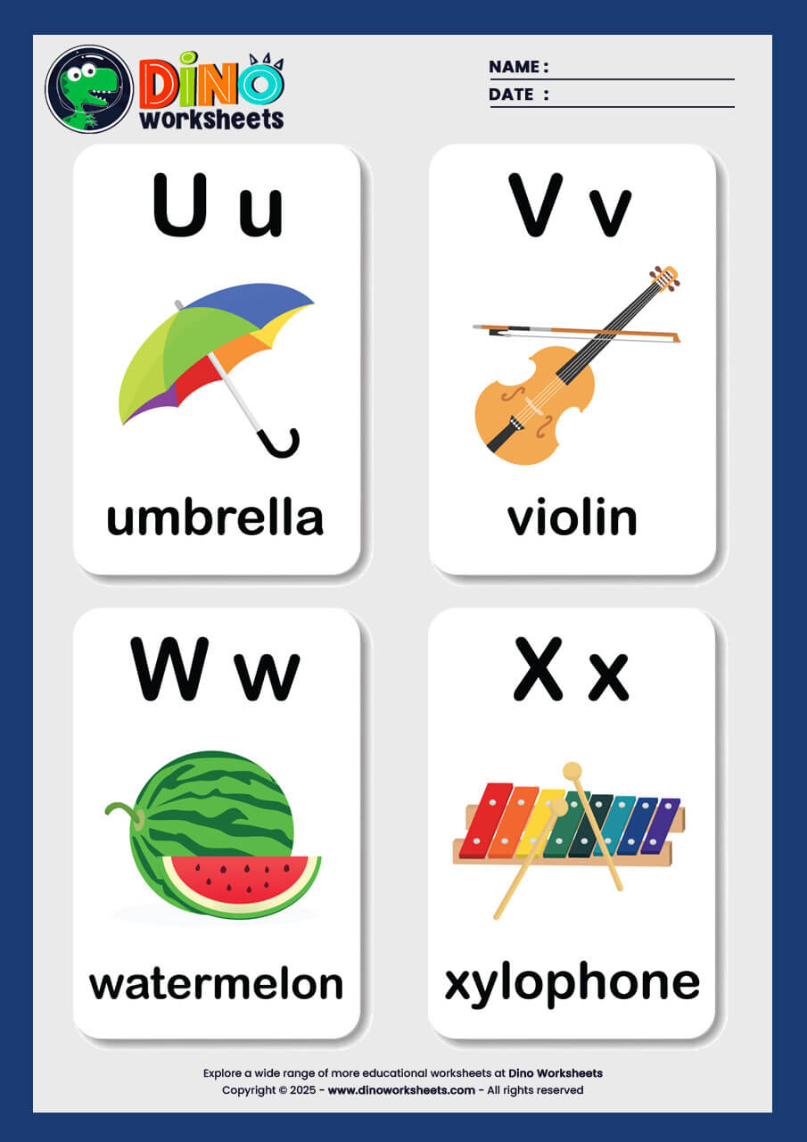 A to Z Alphabets Flashcards for Kids- Dino Worksheets