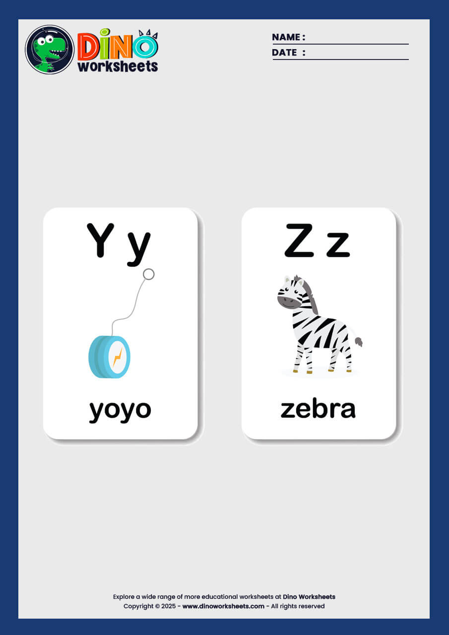 Alphabets Flashcards for Kids- Dino Worksheets