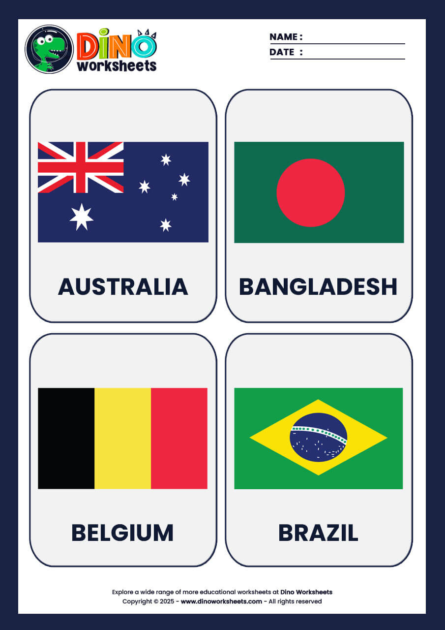 Country Flags Flashcards for Kids- Dino Worksheets
