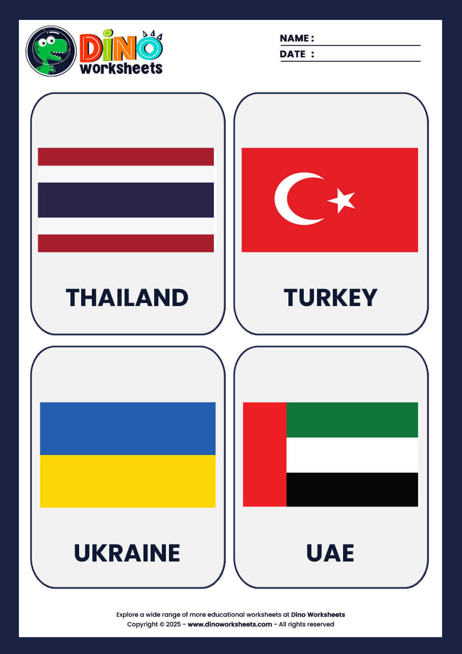 Country Flags Flashcards for Kids- Dino Worksheets