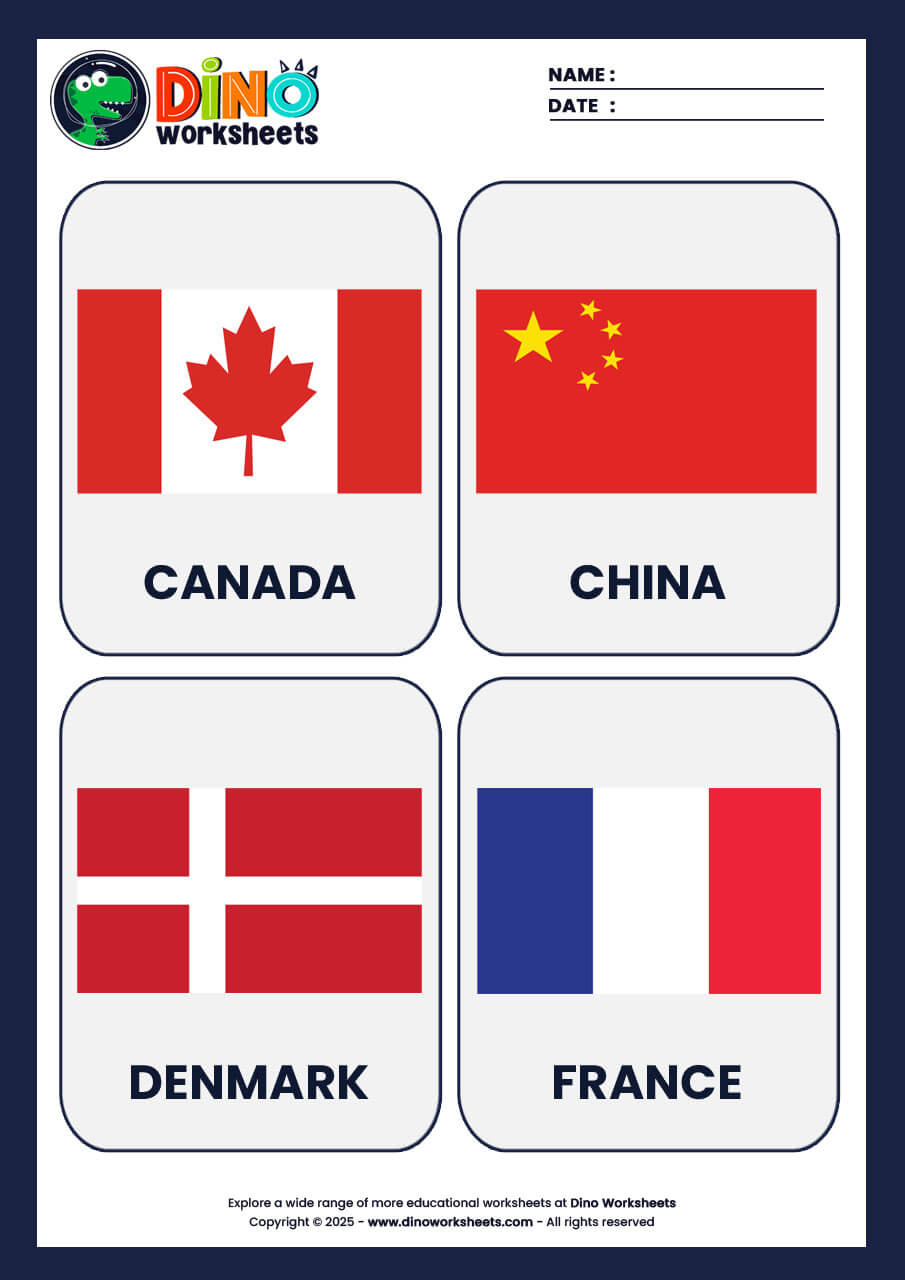 Country Flags Flashcards for Kids- Dino Worksheets
