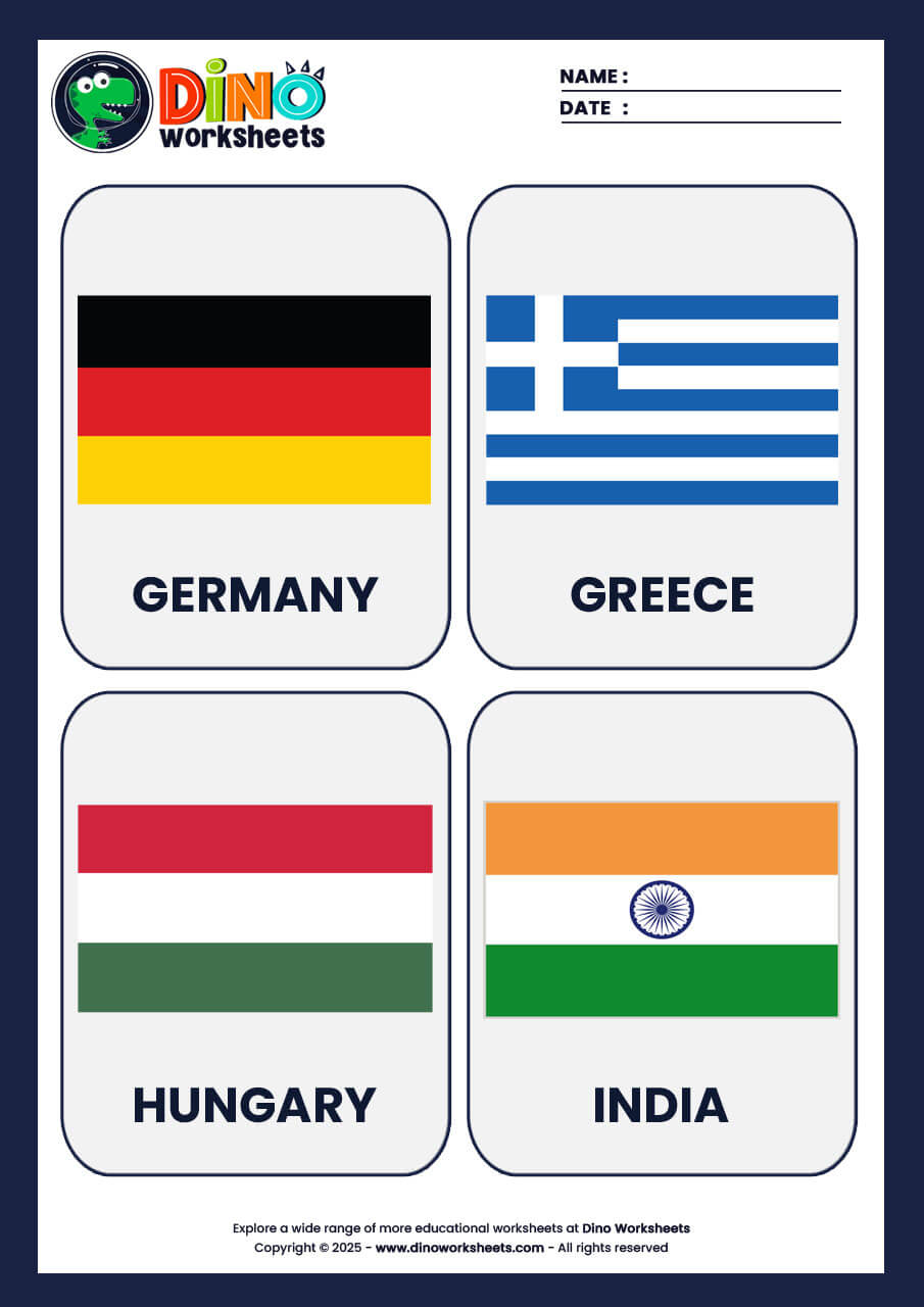 Country Flags Flashcards for Kids- Dino Worksheets