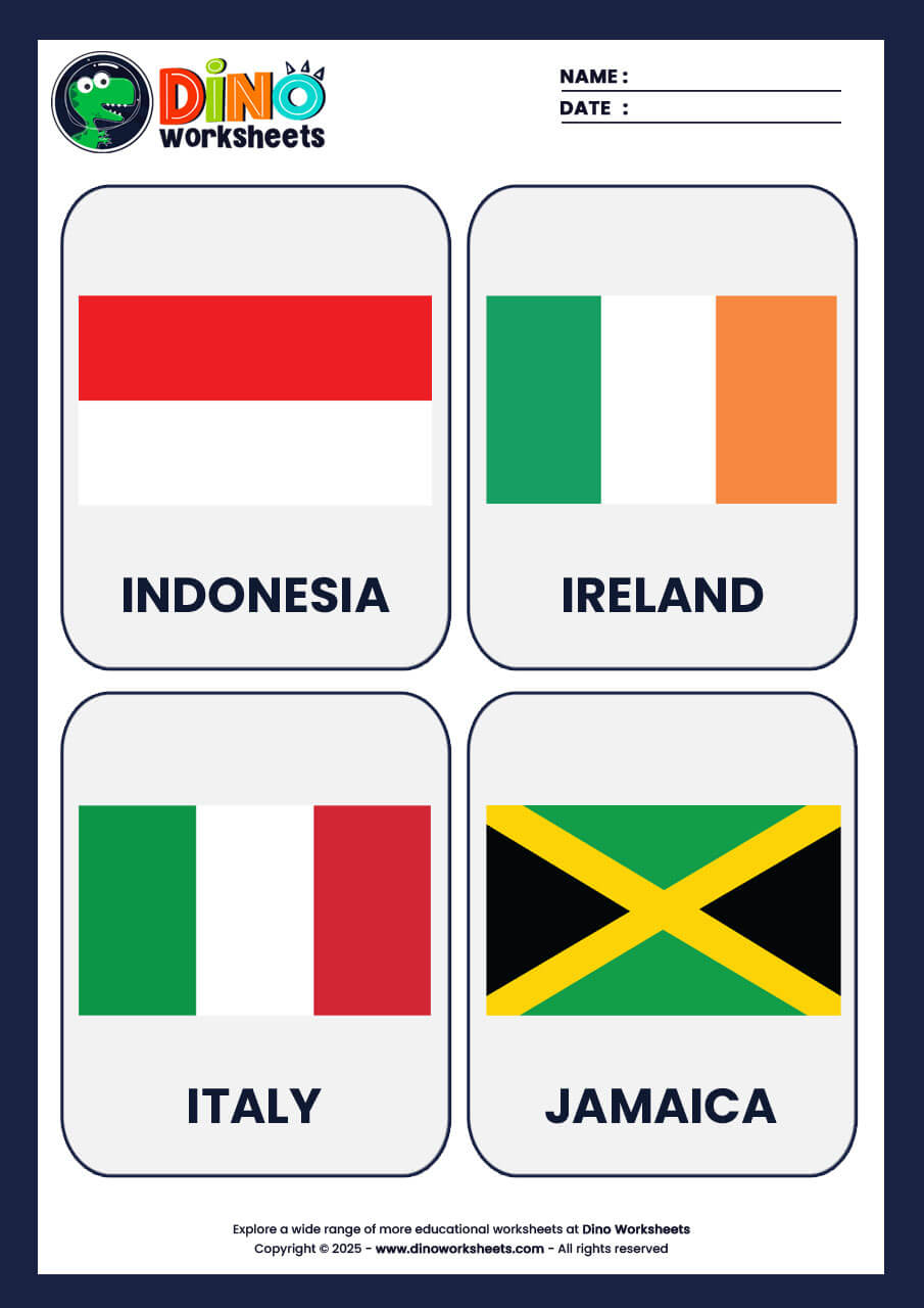 Country Flags Flashcards for Kids- Dino Worksheets