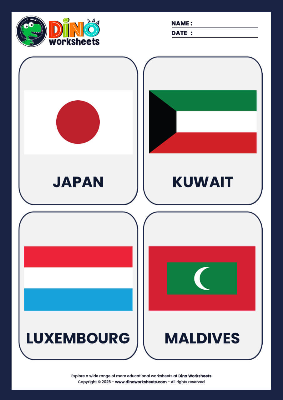 Country Flags Flashcards for Kids- Dino Worksheets