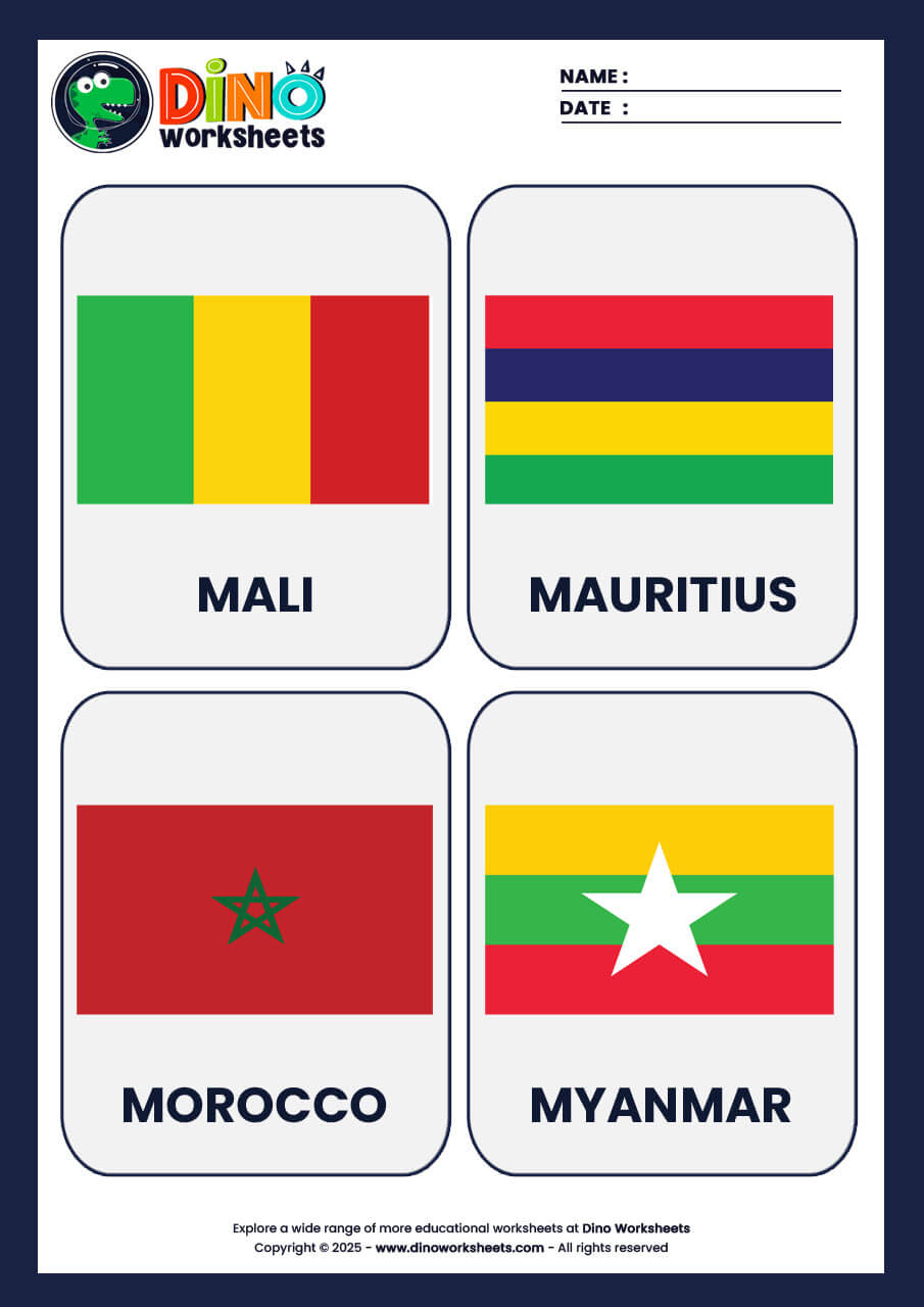 Country Flags Flashcards for Kids- Dino Worksheets