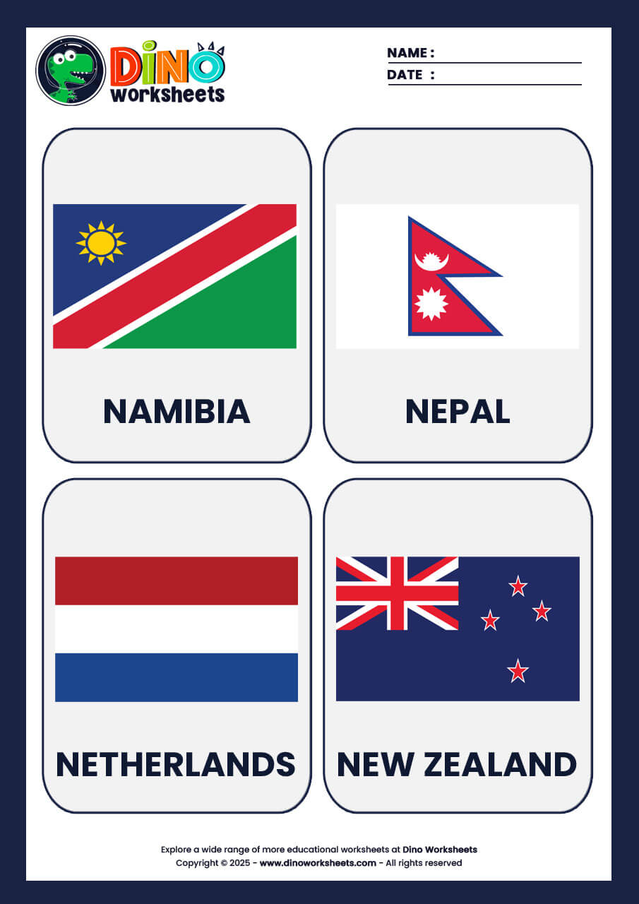 Country Flags Flashcards for Kids- Dino Worksheets
