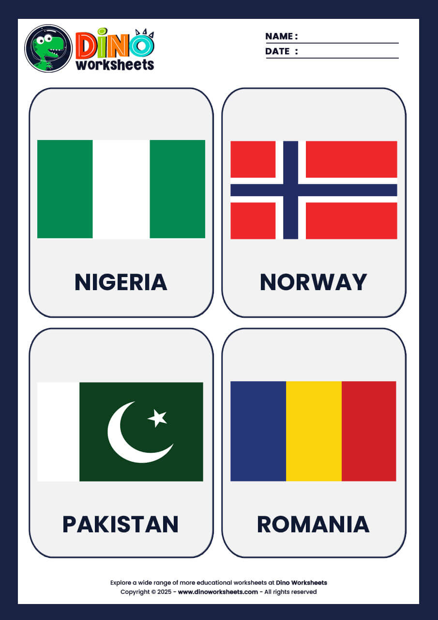 Country Flags Flashcards for Kids- Dino Worksheets