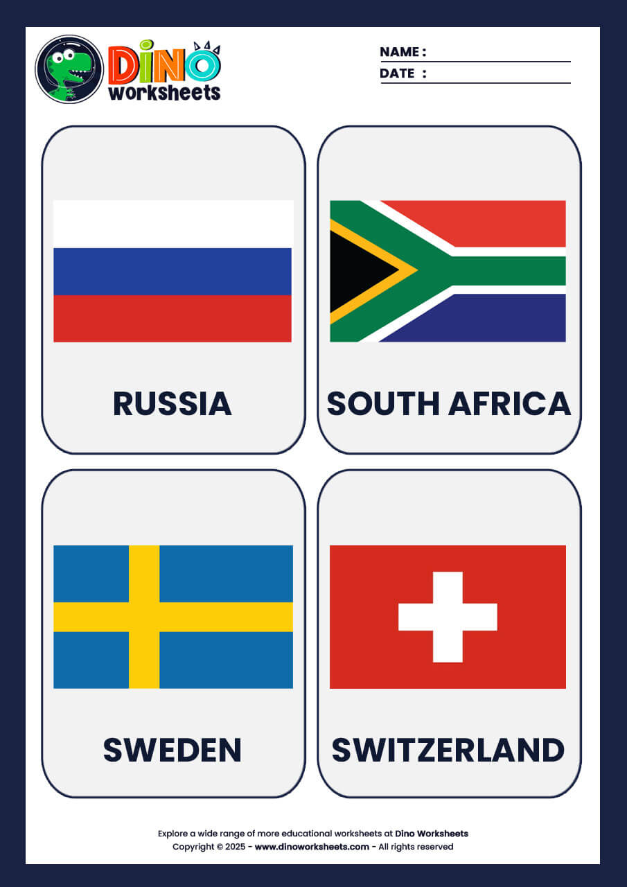 Country Flags Flashcards for Kids- Dino Worksheets