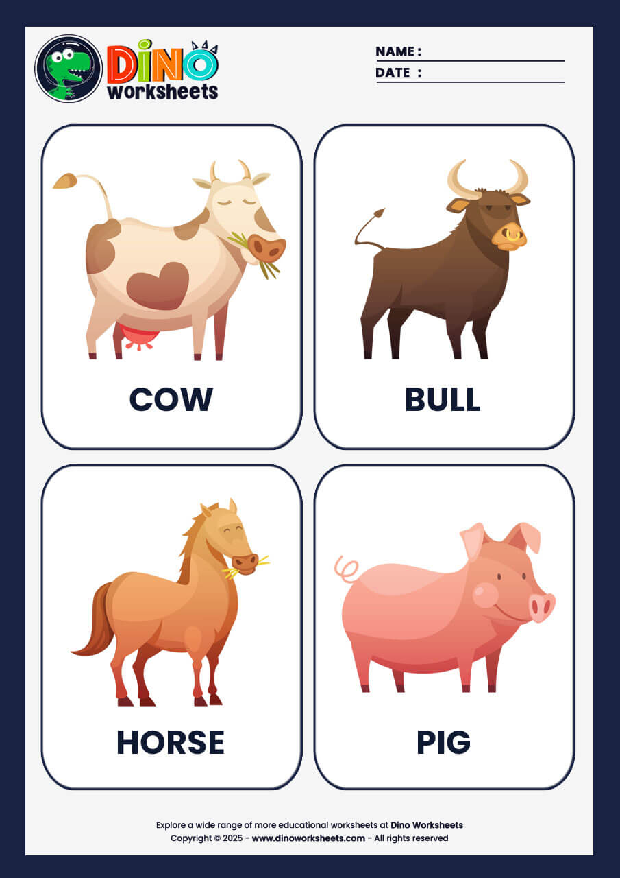 Farm Animals Flashcards for Kids- Dino Worksheets