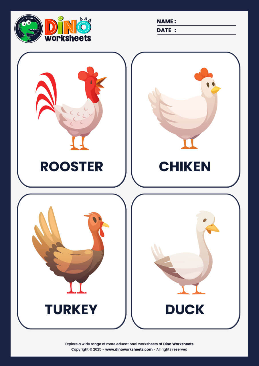 Farm Animals Flashcards for Kids- Dino Worksheets