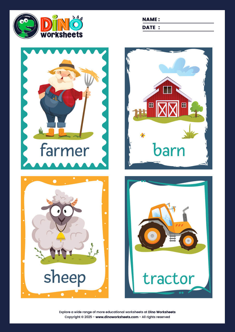 Farm Animals Flashcards for Kids- Dino Worksheets
