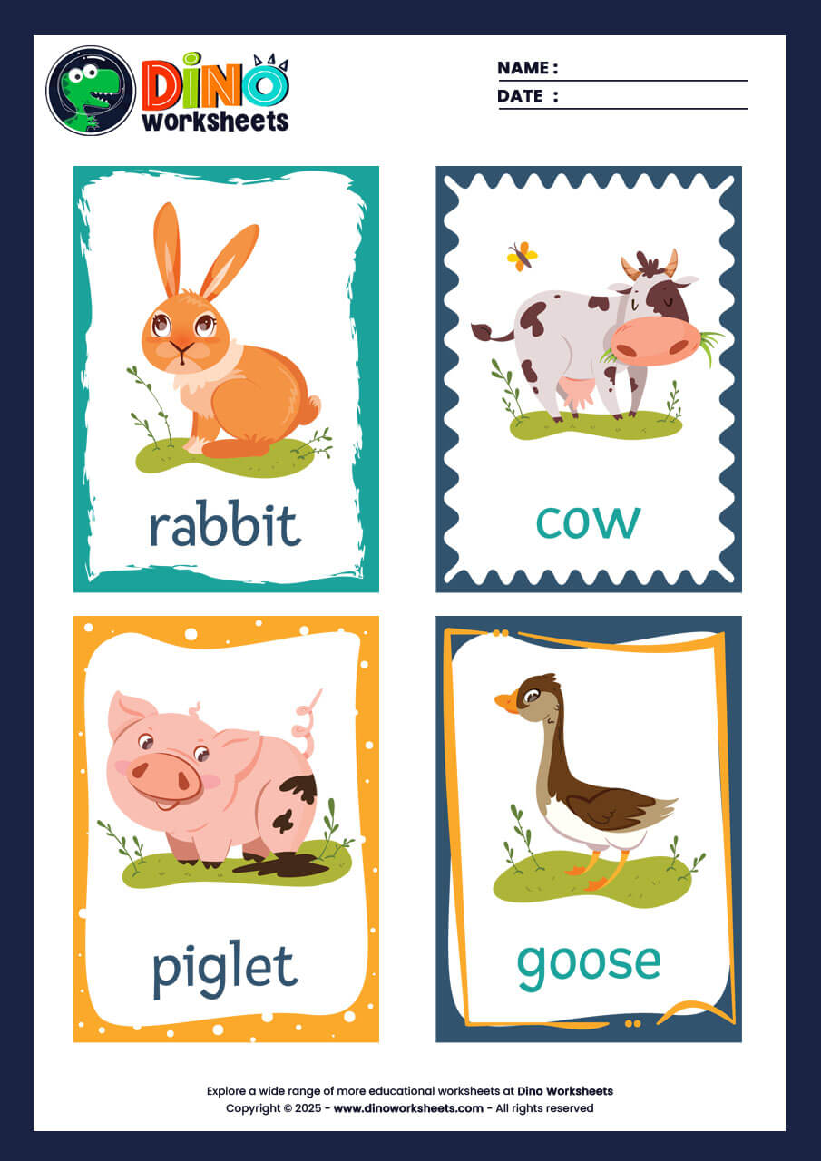 Farm Animals Flashcards for Kids- Dino Worksheets