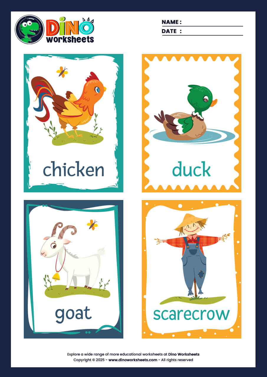 Farm Animals Flashcards for Kids- Dino Worksheets