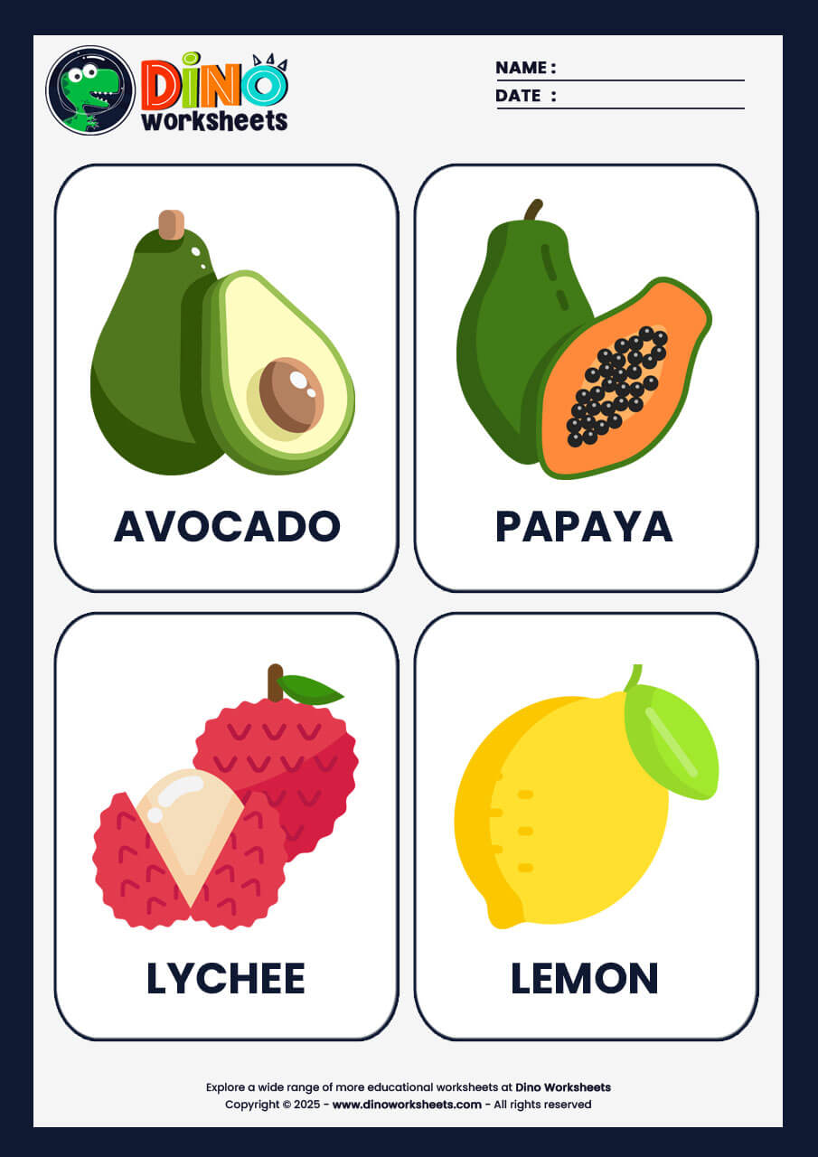 Fruits Flashcards for Kids - Dino Worksheets