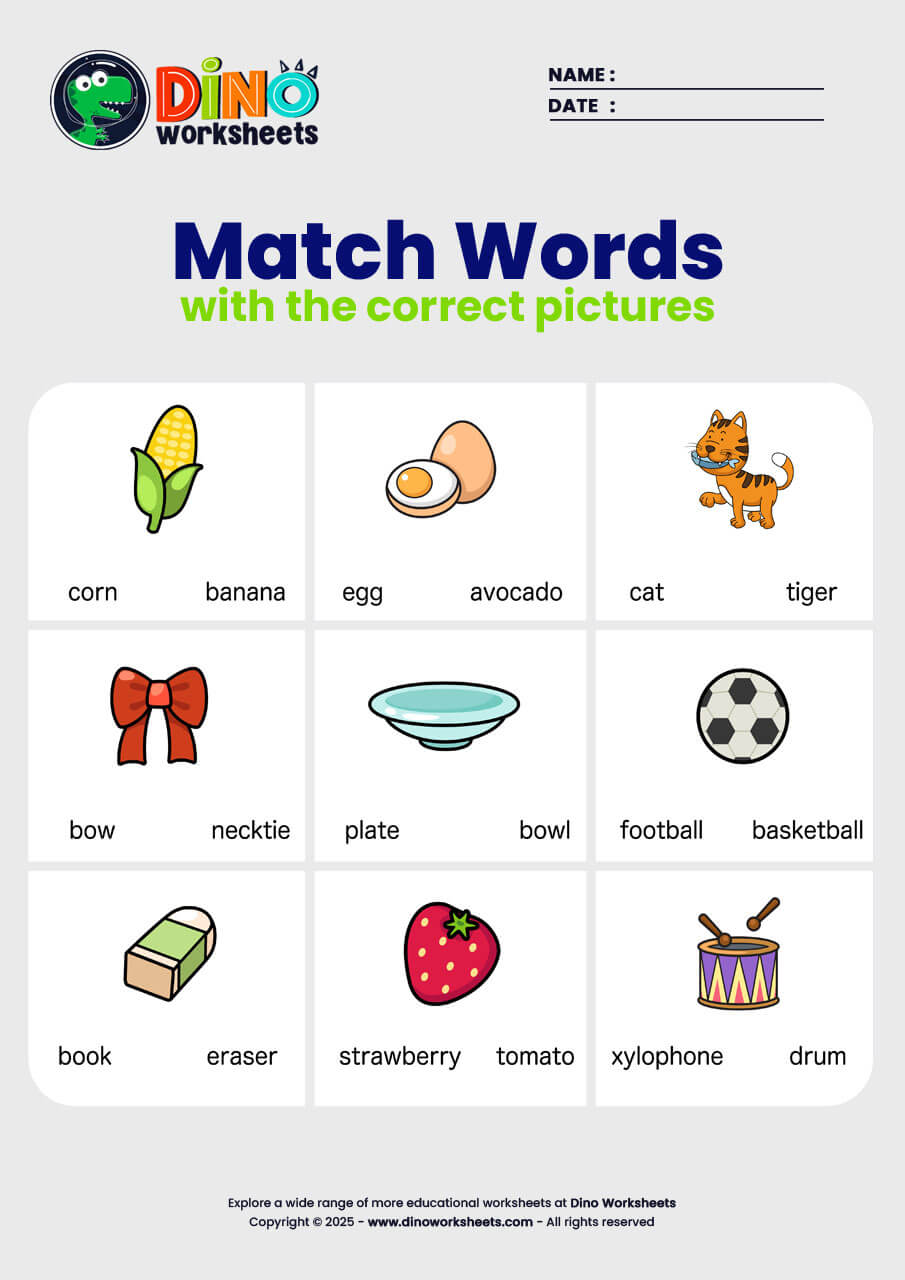 Match word with picture English Worksheets - Dino Worksheets