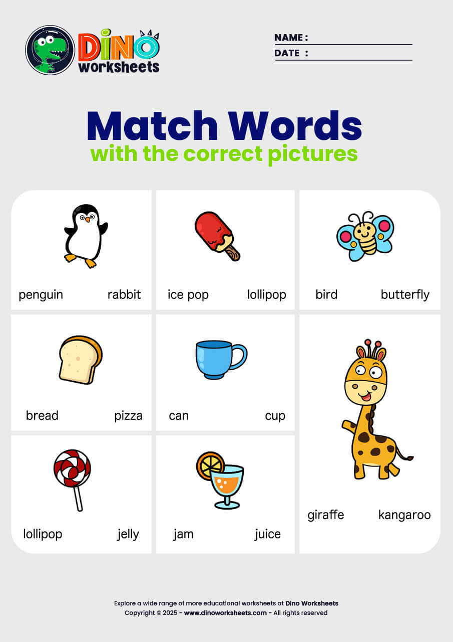 Match word with picture English Worksheets - Dino Worksheets