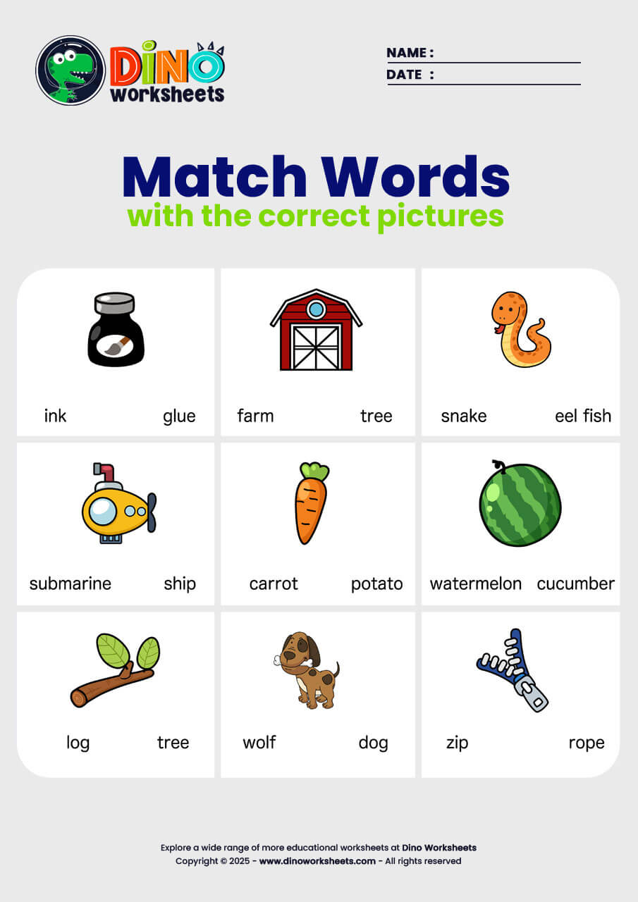 Match word with picture English Worksheets - Dino Worksheets