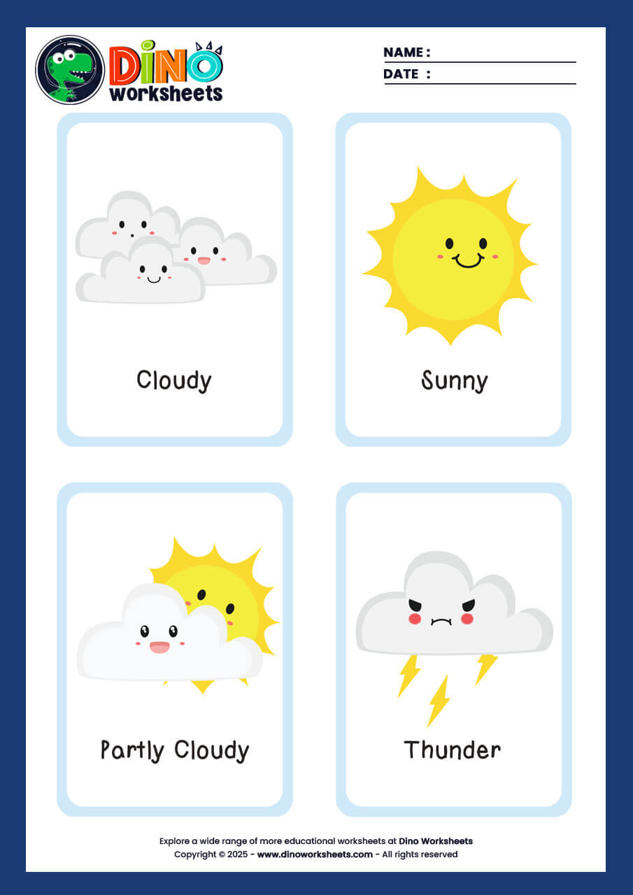 Weather Flashcards for Kids- Dino Worksheets