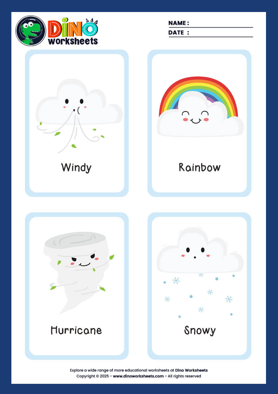 Weather Flashcards for Kids- Dino Worksheets